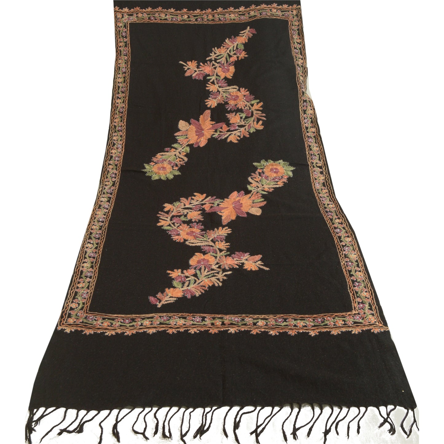 Sanskriti Vintage Long Black Pure Woolen Shawl Handmade Ari Work Scarf Stole