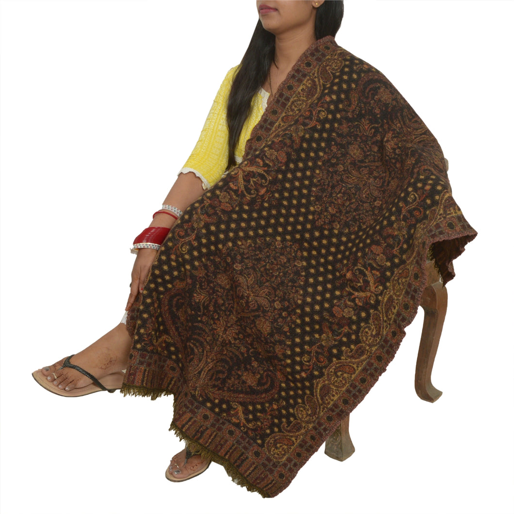 Sanskriti Vintage Long 100% Pure Woolen Woven Shawl Scarf Throw Brown Stole
