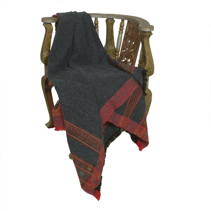 Sanskriti Vintage Long 100% Pure Woolen Grey Shawl Scarf Throw Floral Stole