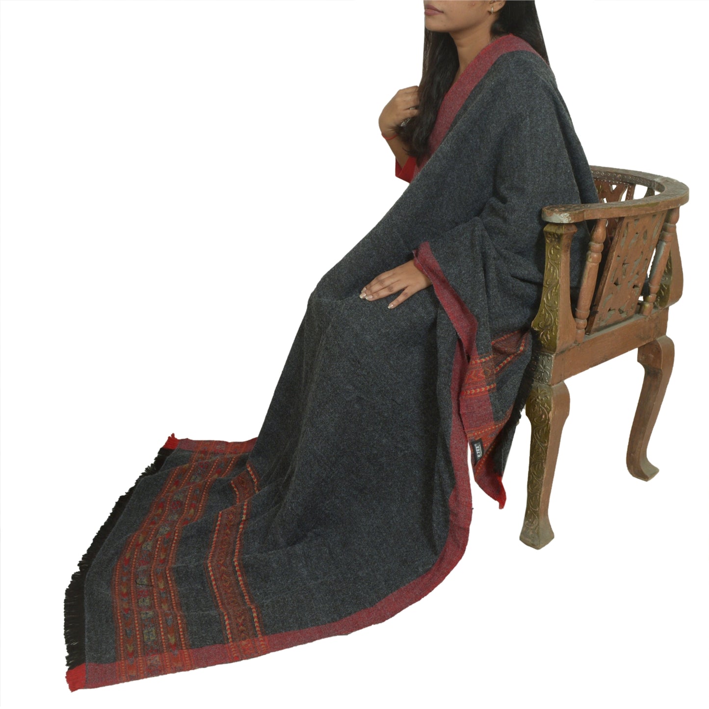 Sanskriti Vintage Long 100% Pure Woolen Grey Shawl Scarf Throw Floral Stole