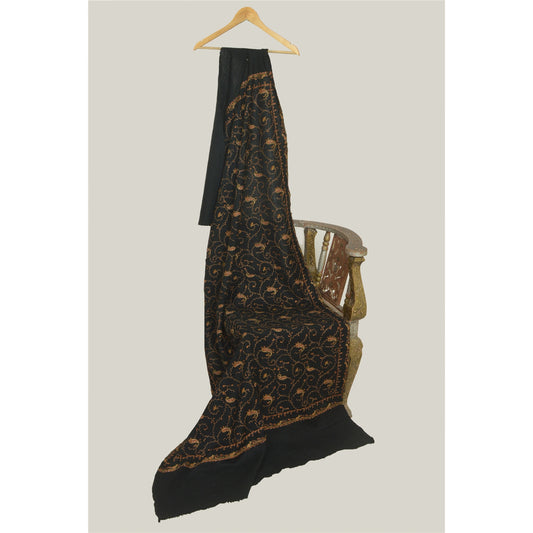 Sanskriti Vintage Long Black Pure Woolen Shawl Handmade Suzani Scarf Stole