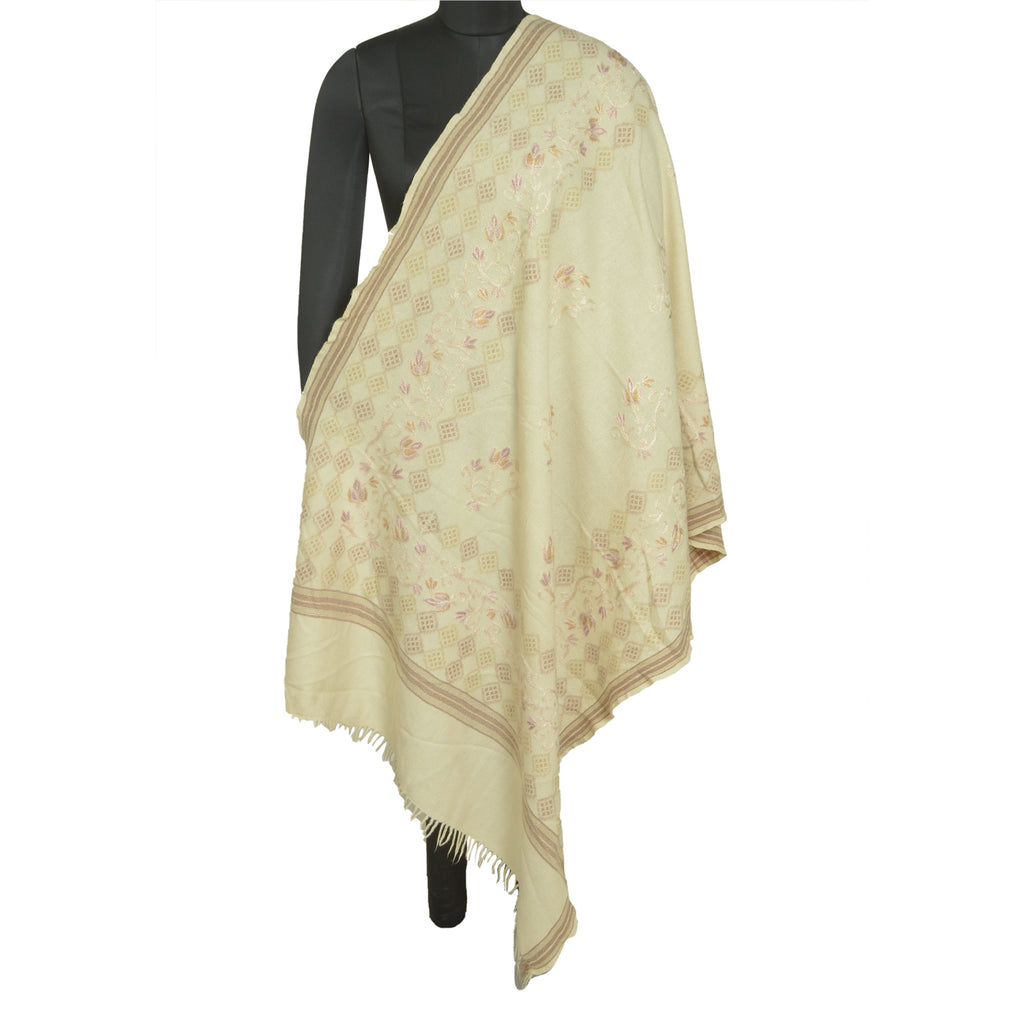 Sanskriti Vintage Long Ivory Pure Woolen Shawl Handmade Ari Work Scarf Stole