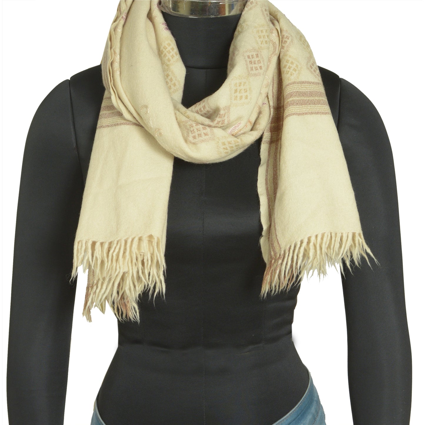 Sanskriti Vintage Long Ivory Pure Woolen Shawl Handmade Ari Work Scarf Stole