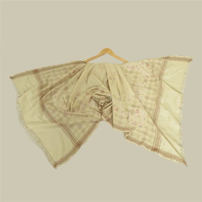 Sanskriti Vintage Long Ivory Pure Woolen Shawl Handmade Ari Work Scarf Stole