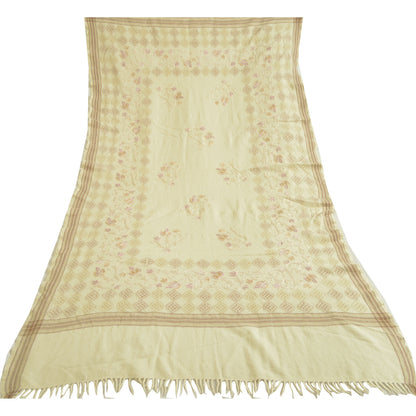 Sanskriti Vintage Long Ivory Pure Woolen Shawl Handmade Ari Work Scarf Stole