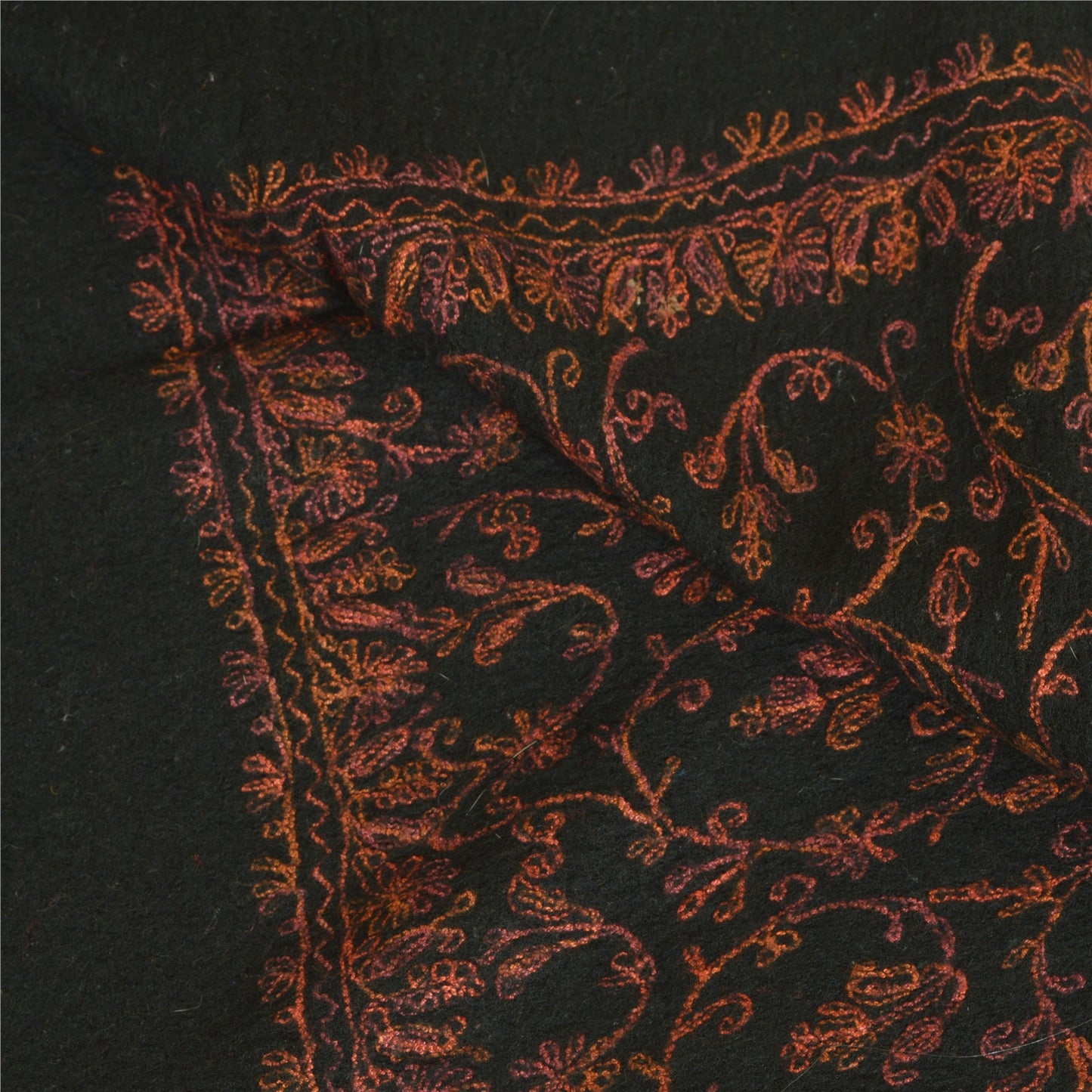 Sanskriti Vintage Long Black Pure Woolen Shawl Handmade Ari Work Scarf Stole