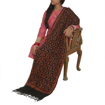 Sanskriti Vintage Long Black Pure Woolen Shawl Handmade Ari Work Scarf Stole