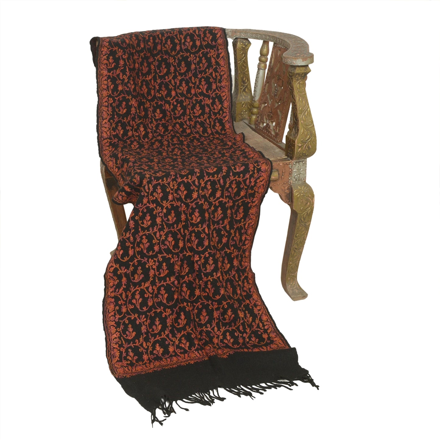 Sanskriti Vintage Long Black Pure Woolen Shawl Handmade Ari Work Scarf Stole