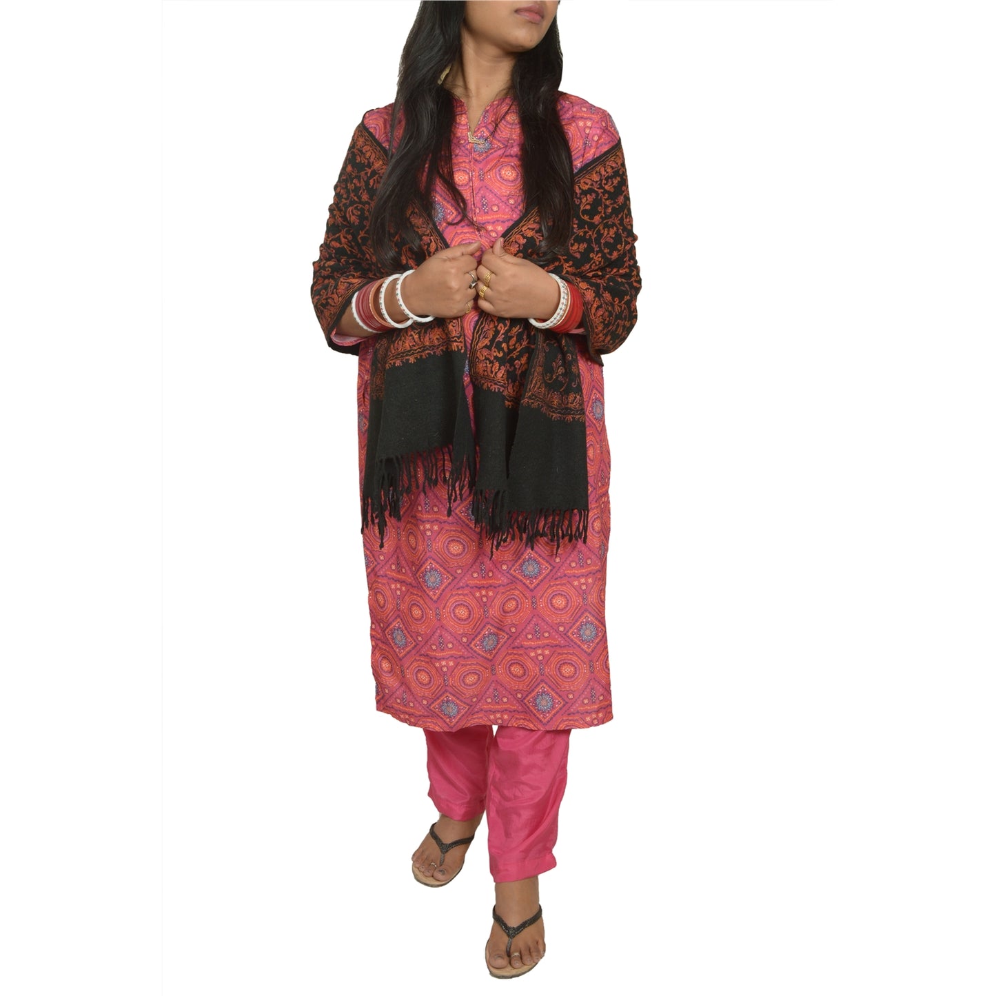 Sanskriti Vintage Long Black Pure Woolen Shawl Handmade Ari Work Scarf Stole