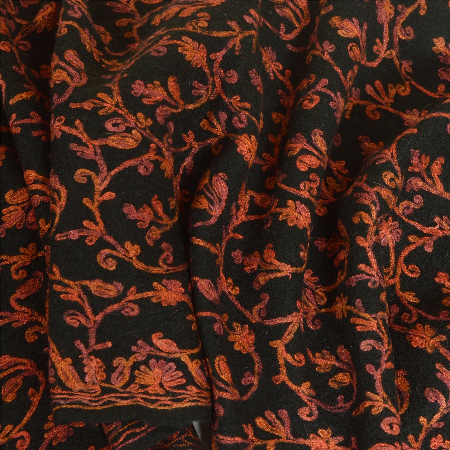 Sanskriti Vintage Long Black Pure Woolen Shawl Handmade Ari Work Scarf Stole