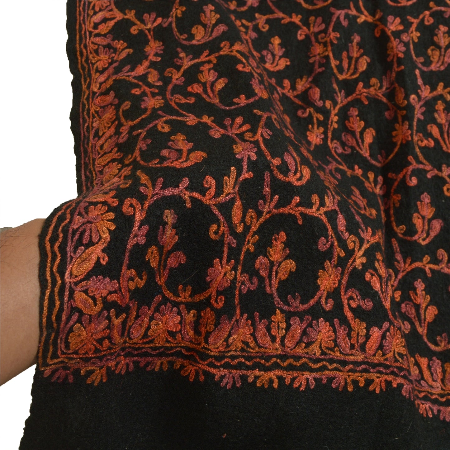 Sanskriti Vintage Long Black Pure Woolen Shawl Handmade Ari Work Scarf Stole