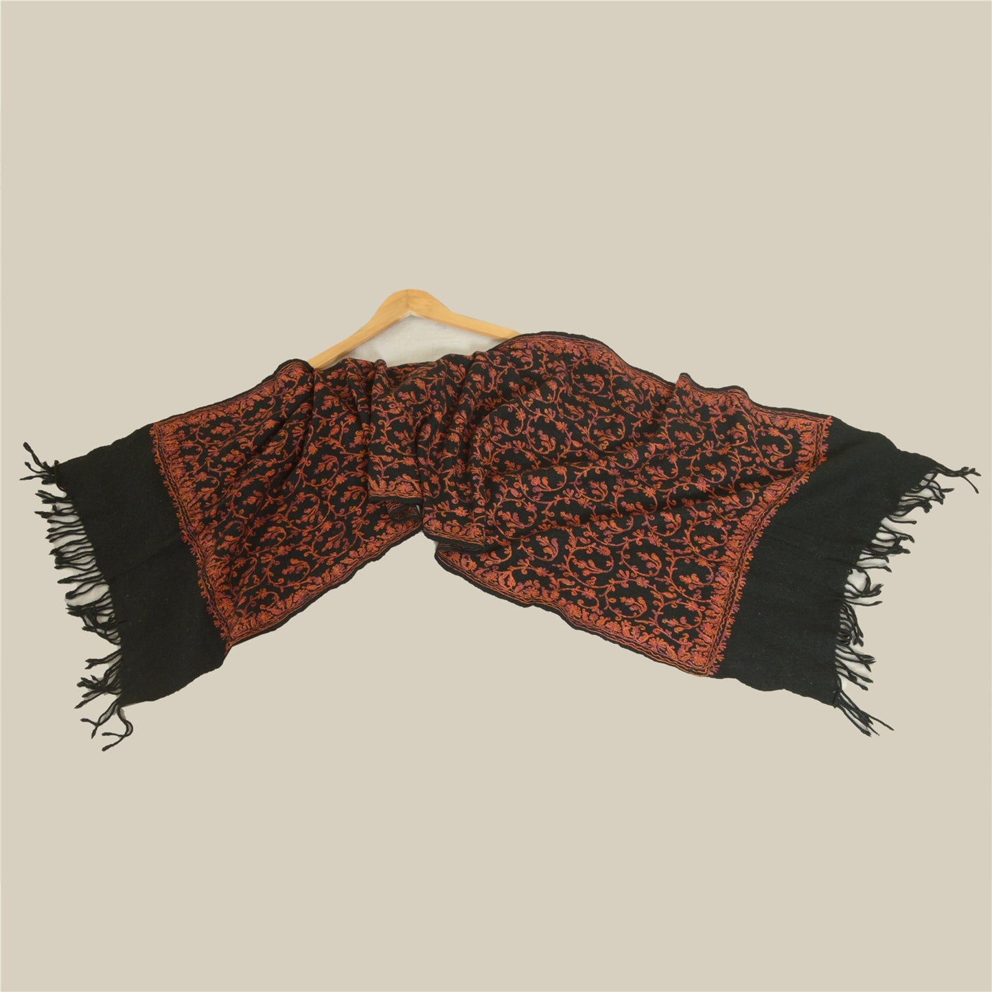 Sanskriti Vintage Long Black Pure Woolen Shawl Handmade Ari Work Scarf Stole