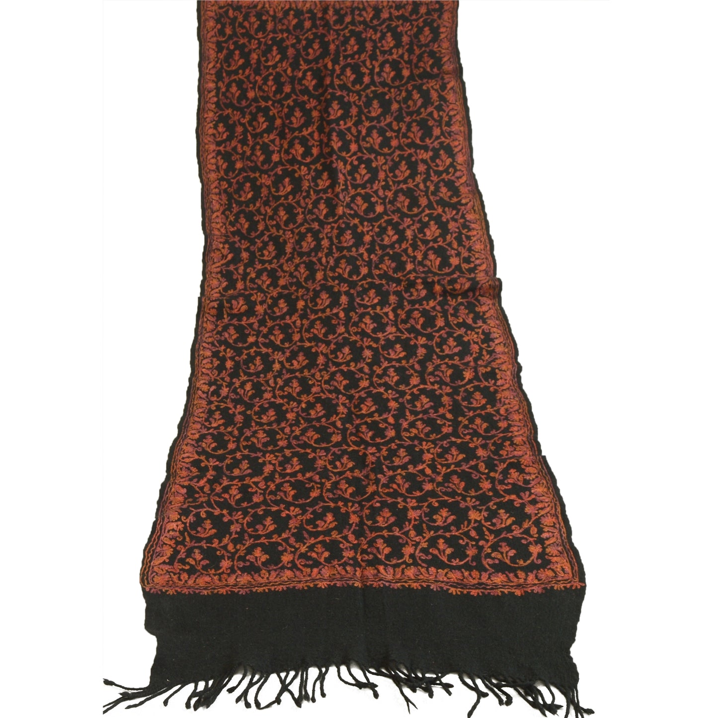 Sanskriti Vintage Long Black Pure Woolen Shawl Handmade Ari Work Scarf Stole