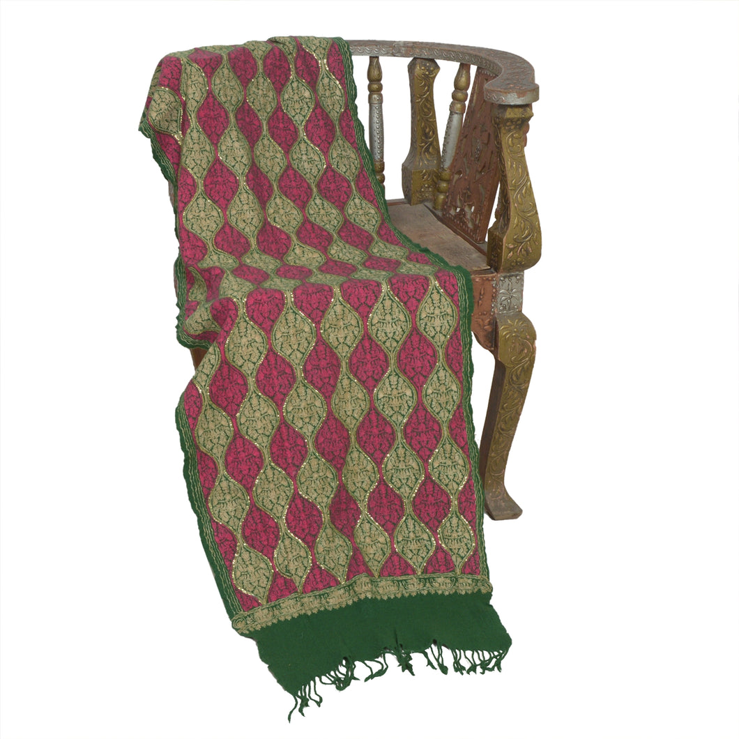 Sanskriti Vintage Long Green Pure Woolen Shawl Handmade Ari Work Scarf Stole