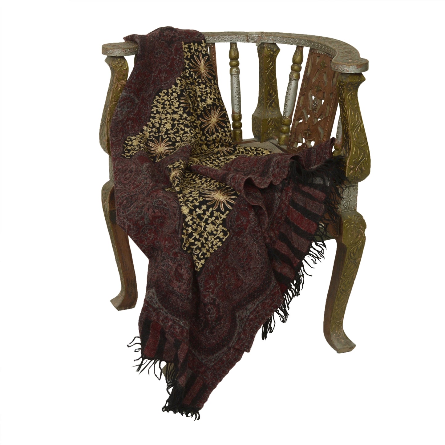 Sanskriti Vintage Long Black Pure Woolen Shawl Handmade Ari Scarf Wrap Stole