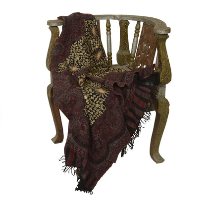 Sanskriti Vintage Long Black Pure Woolen Shawl Handmade Ari Scarf Wrap Stole