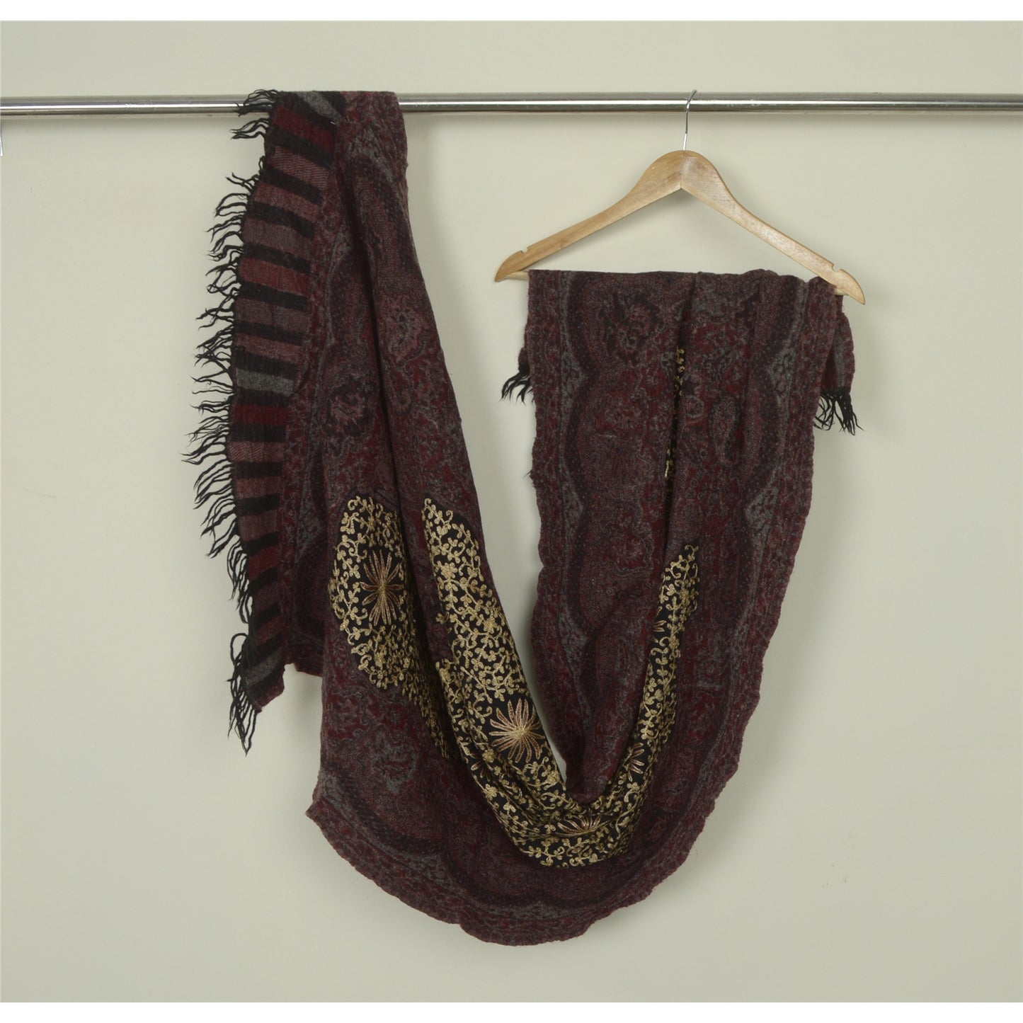 Sanskriti Vintage Long Black Pure Woolen Shawl Handmade Ari Scarf Wrap Stole