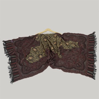 Sanskriti Vintage Long Black Pure Woolen Shawl Handmade Ari Scarf Wrap Stole