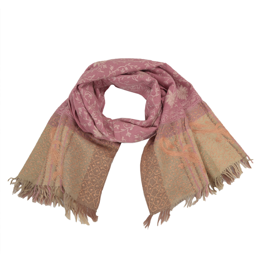Sanskriti Vintage Long Pink/Brown Pure Woolen Shawl Handmade Ari Scarf Stole