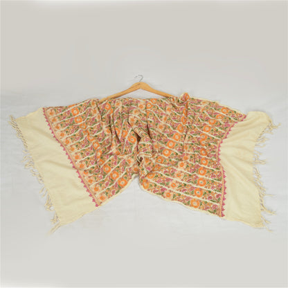 Sanskriti Vintage Long Ivory Pure Woolen Shawl Handmade Ari Work Scarf Stole