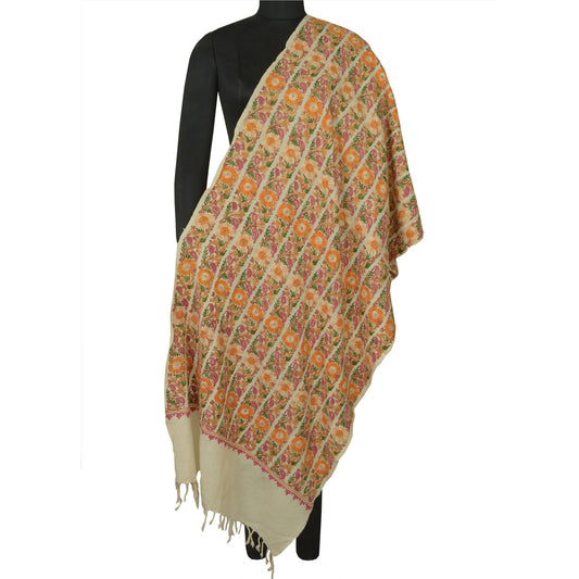Sanskriti Vintage Long Ivory Pure Woolen Shawl Handmade Ari Work Scarf Stole
