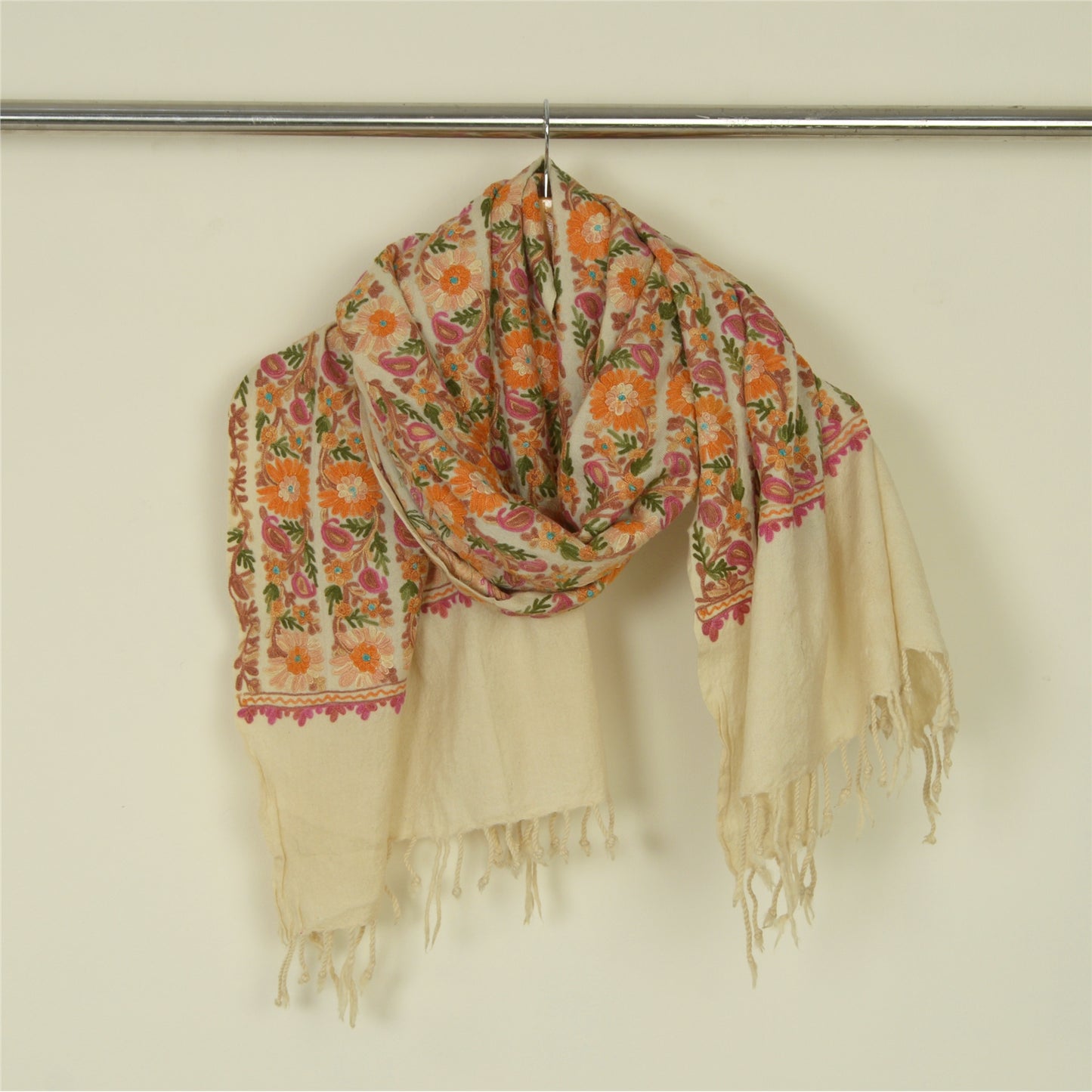 Sanskriti Vintage Long Ivory Pure Woolen Shawl Handmade Ari Work Scarf Stole