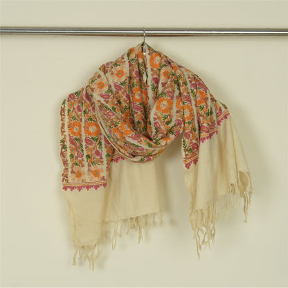 Sanskriti Vintage Long Ivory Pure Woolen Shawl Handmade Ari Work Scarf Stole