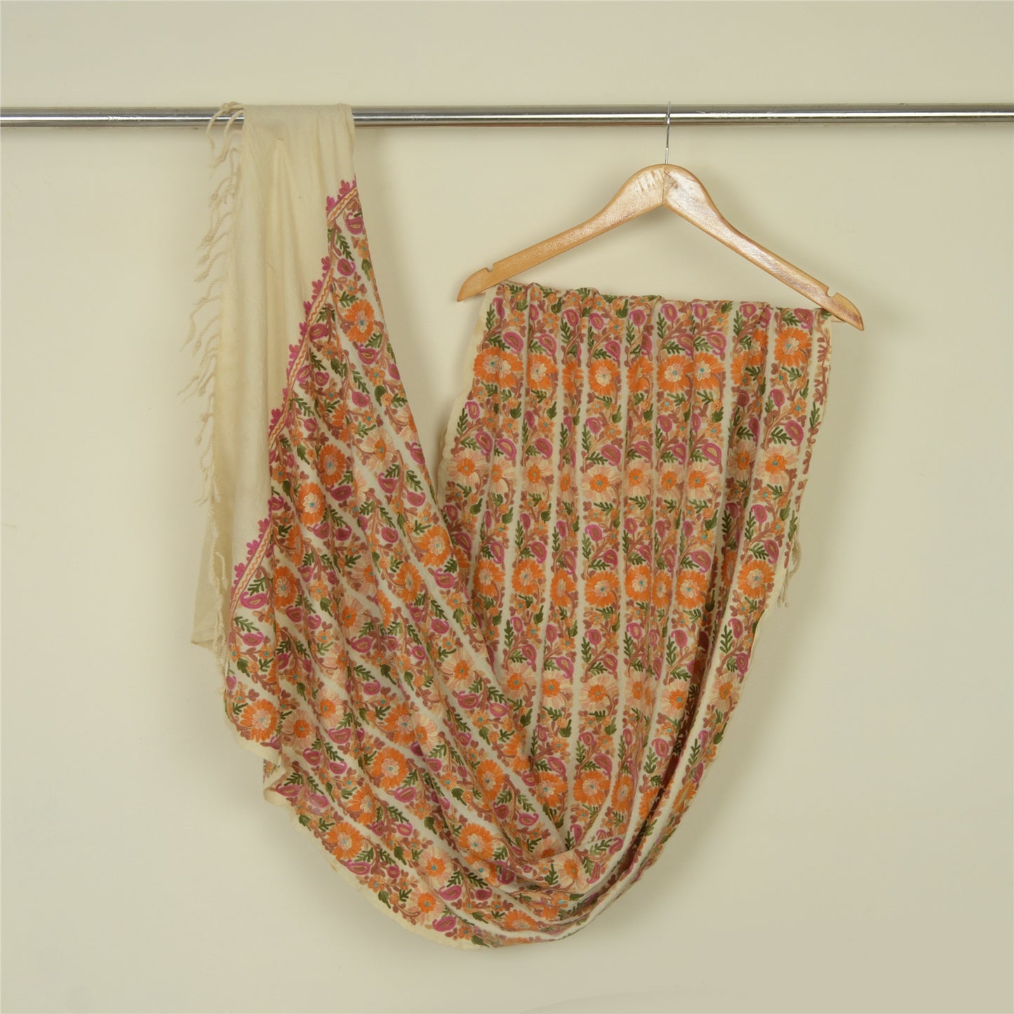 Sanskriti Vintage Long Ivory Pure Woolen Shawl Handmade Ari Work Scarf Stole