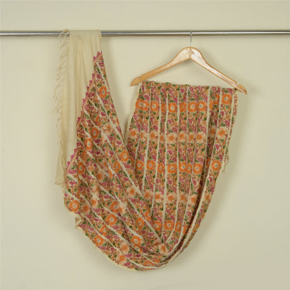 Sanskriti Vintage Long Ivory Pure Woolen Shawl Handmade Ari Work Scarf Stole