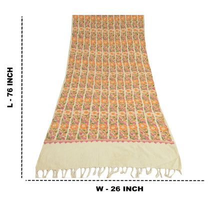 Sanskriti Vintage Long Ivory Pure Woolen Shawl Handmade Ari Work Scarf Stole