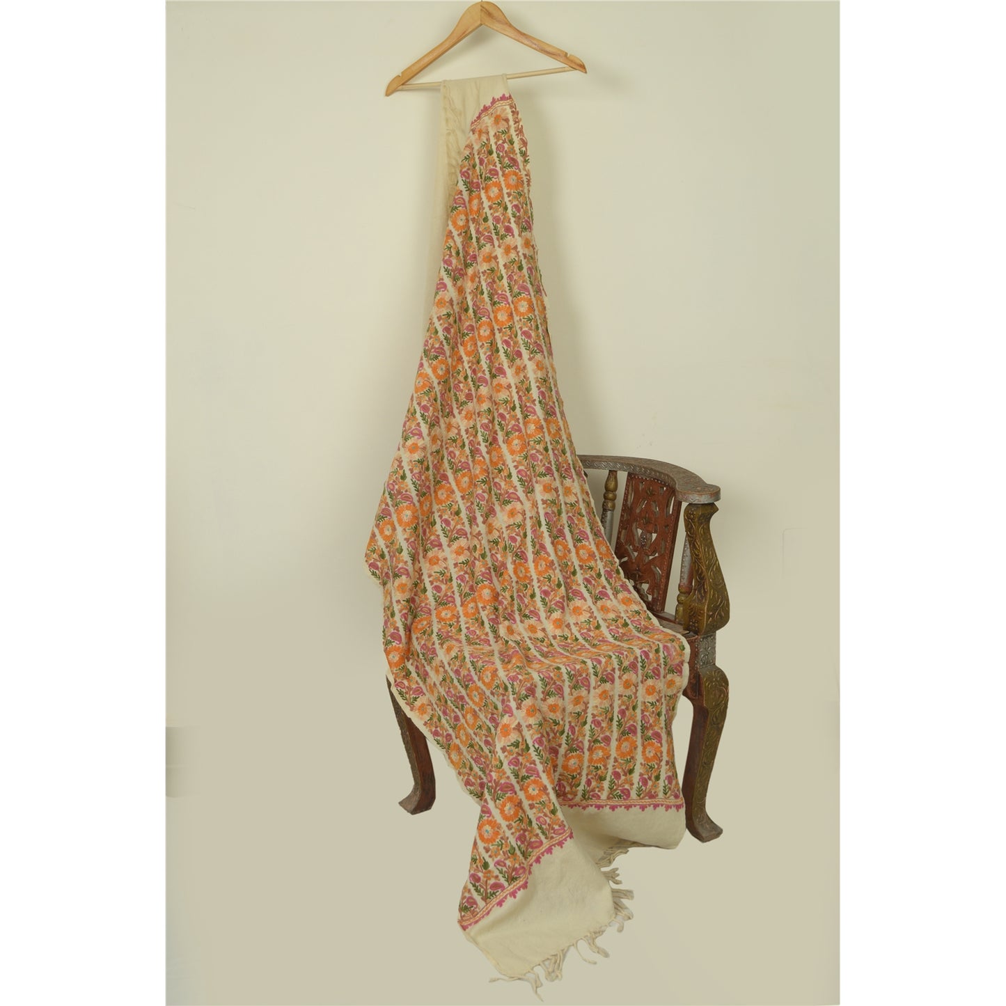 Sanskriti Vintage Long Ivory Pure Woolen Shawl Handmade Ari Work Scarf Stole
