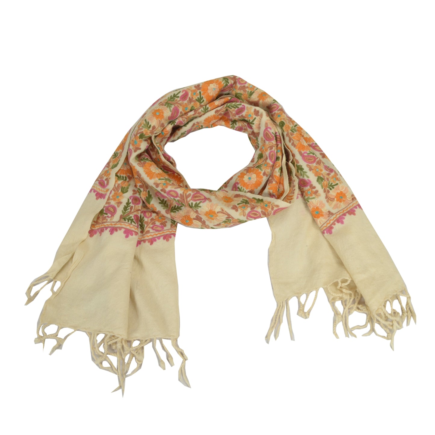 Sanskriti Vintage Long Ivory Pure Woolen Shawl Handmade Ari Work Scarf Stole
