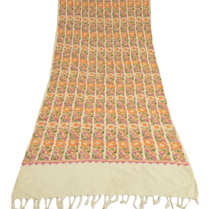 Sanskriti Vintage Long Ivory Pure Woolen Shawl Handmade Ari Work Scarf Stole