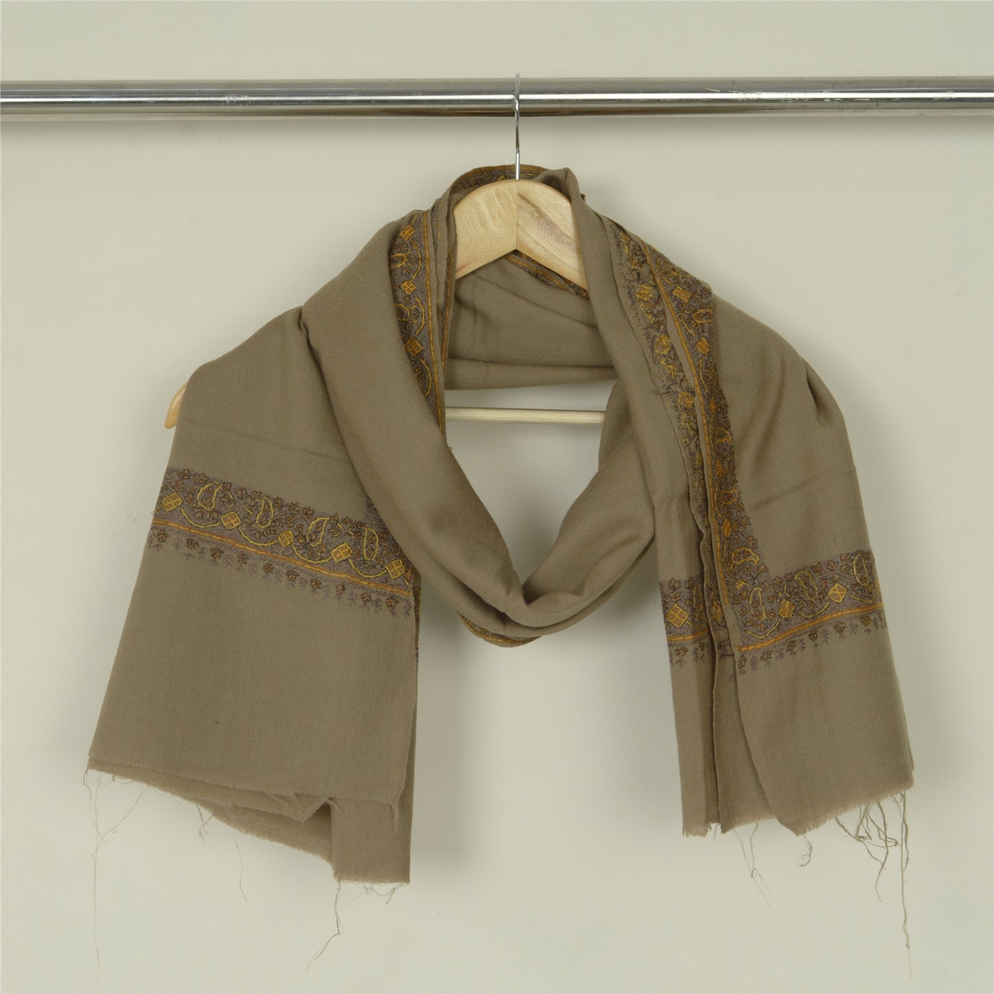 Sanskriti Vintage Long Brown Pure Woolen Shawl Handmade Suzani Soft Scarf Stole