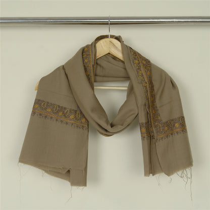 Sanskriti Vintage Long Brown Pure Woolen Shawl Handmade Suzani Soft Scarf Stole