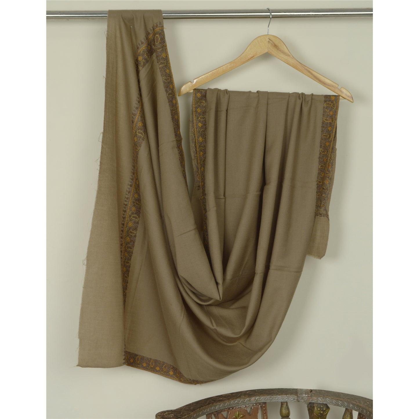 Sanskriti Vintage Long Brown Pure Woolen Shawl Handmade Suzani Soft Scarf Stole