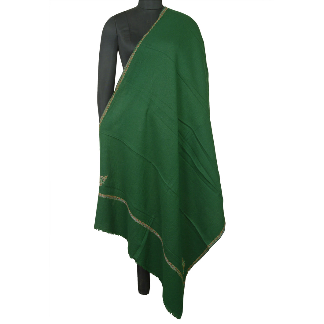Sanskriti Vintage Long Green Pure Woolen Shawl Handmade Suzani Soft Scarf Stole