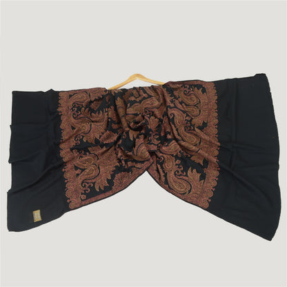 Sanskriti Vintage Long Black Pure Woolen Shawl Woven Scarf Wrap Throw Stole