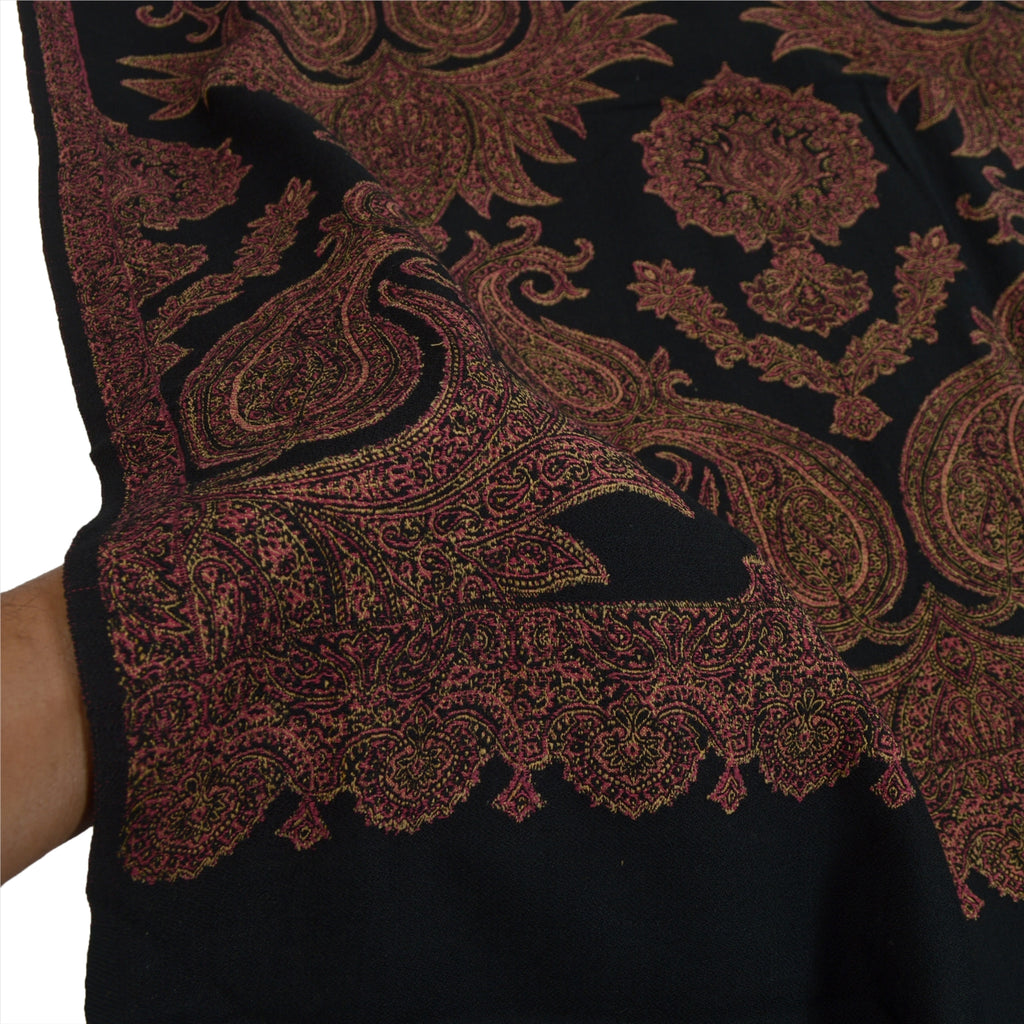 Sanskriti Vintage Long Black Pure Woolen Kashmiri Shawl Woven Scarf Wrap Throw Stole