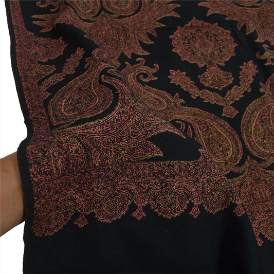 Sanskriti Vintage Long Black Pure Woolen Kashmiri Shawl Woven Scarf Wrap Throw Stole