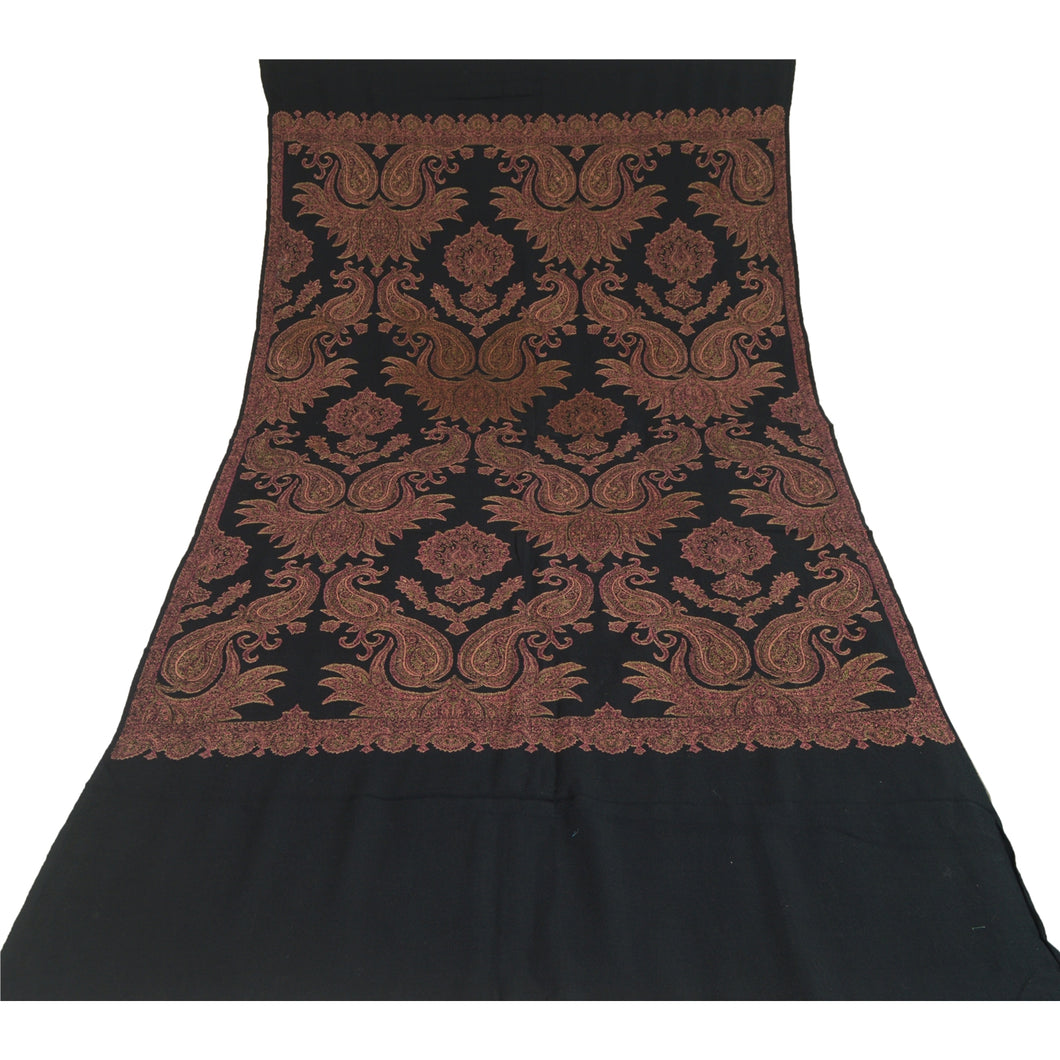 Sanskriti Vintage Long Black Pure Woolen Shawl Woven Scarf  Wrap Throw Stole