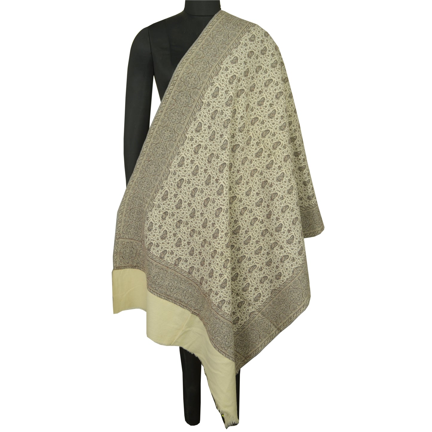 Sanskriti Vintage Long Ivory Pure Woolen Shawl Woven Scarf Wrap Throw Stole