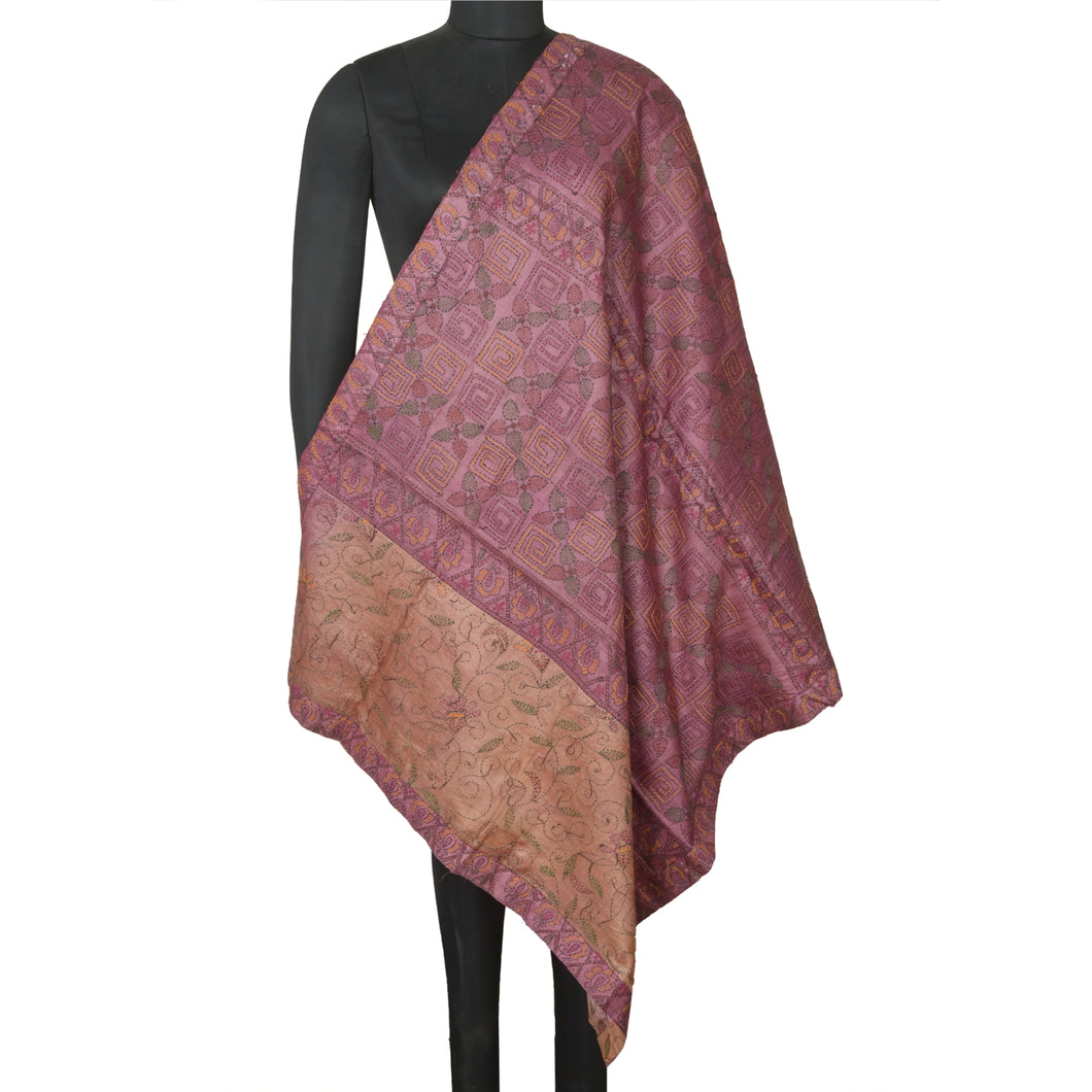 Sanskriti Vintage Purple Pure Silk Shawl Hand Embroidered Kantha Long Stole