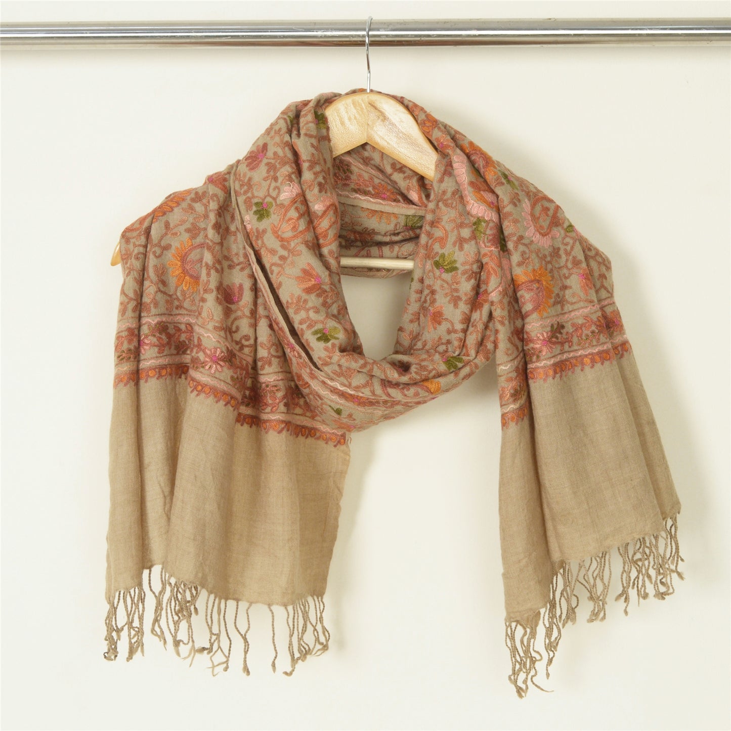 Sanskriti Vintage Long Ivory Pure Woolen Shawl Handmade Ari Work Scarf Stole