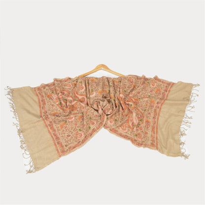 Sanskriti Vintage Long Ivory Pure Woolen Shawl Handmade Ari Work Scarf Stole