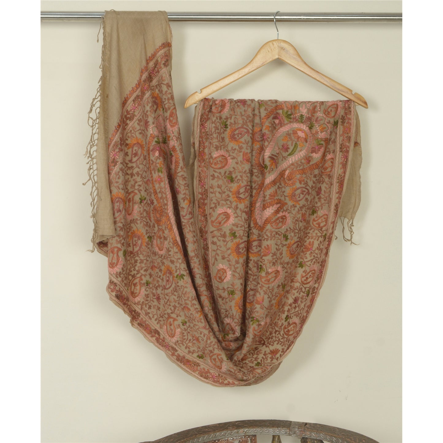 Sanskriti Vintage Long Ivory Pure Woolen Shawl Handmade Ari Work Scarf Stole