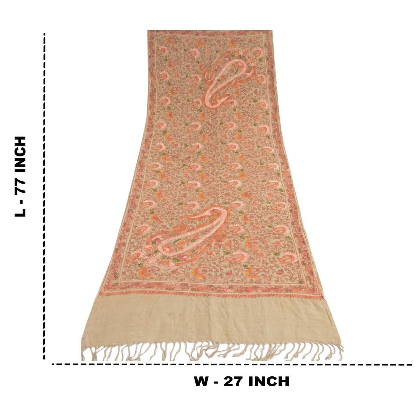 Sanskriti Vintage Long Ivory Pure Woolen Shawl Handmade Ari Work Scarf Stole