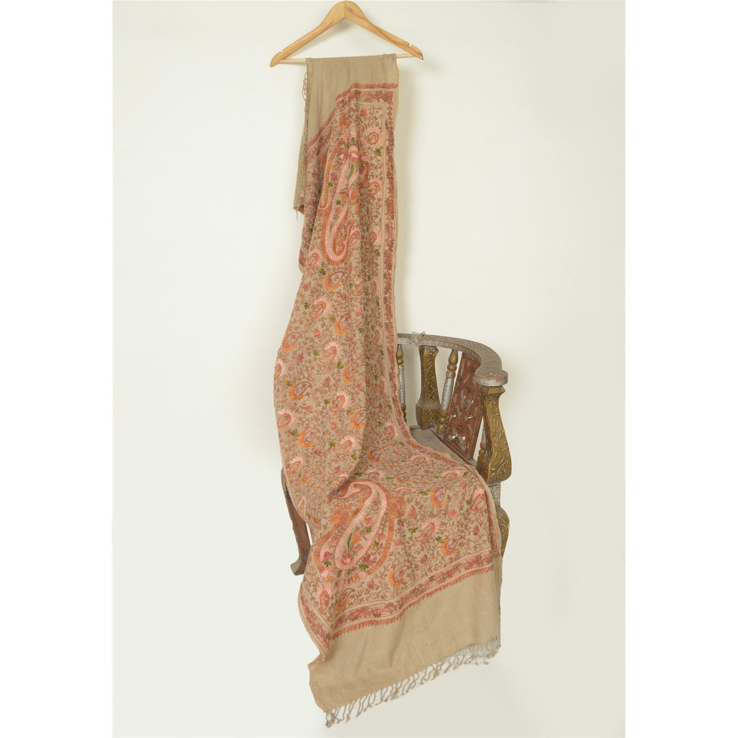 Sanskriti Vintage Long Ivory Pure Woolen Shawl Handmade Ari Work Scarf Stole