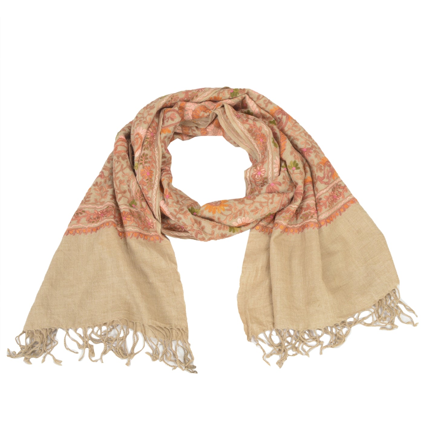 Sanskriti Vintage Long Ivory Pure Woolen Shawl Handmade Ari Work Scarf Stole