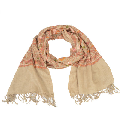 Sanskriti Vintage Long Ivory Pure Woolen Shawl Handmade Ari Work Scarf Stole